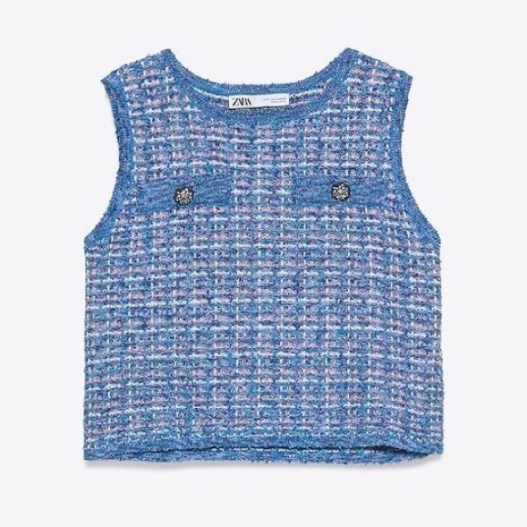 Zara Blue & Pink Sleeveless Embellished Tweed Top - Picture 10 of 10
